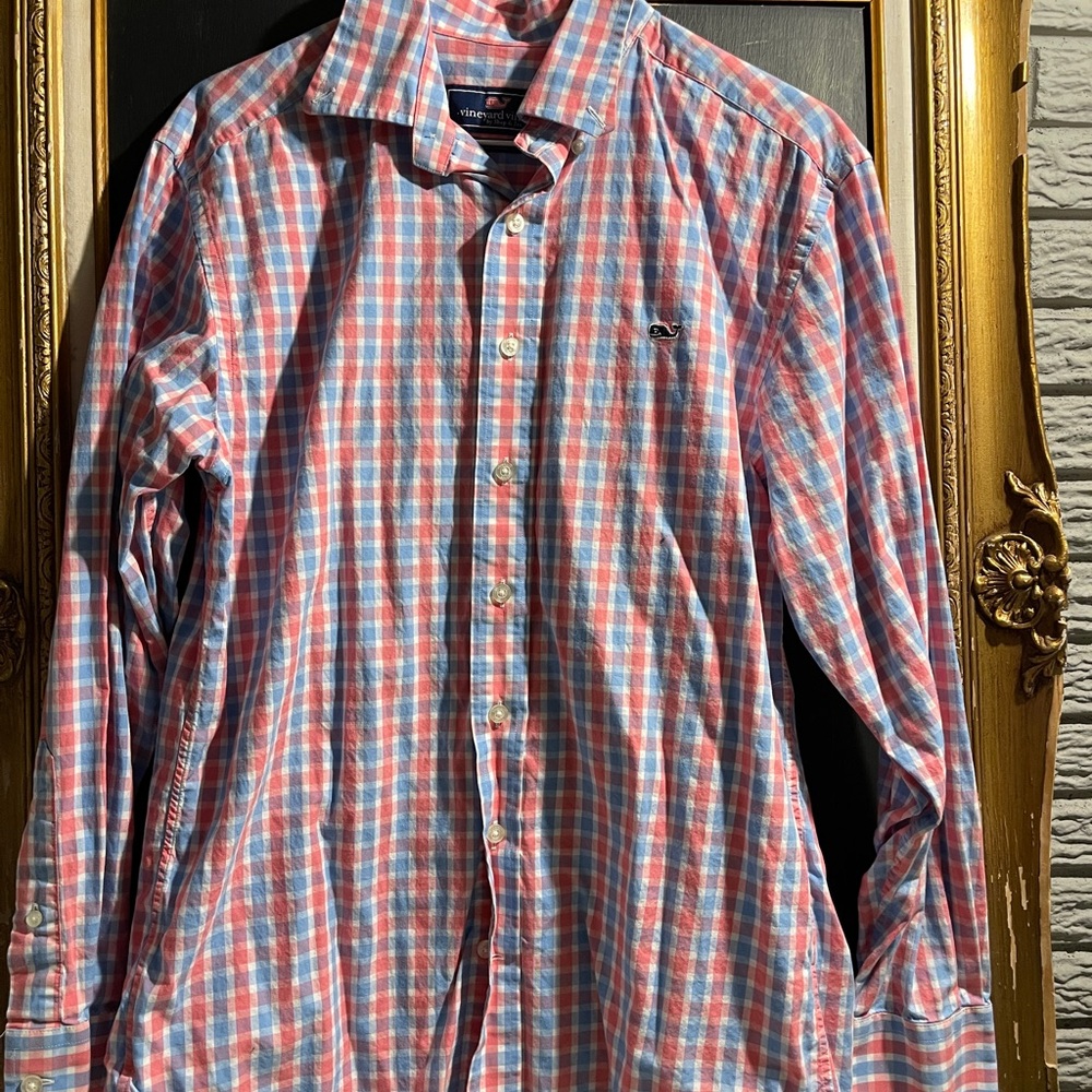 Vineyard Vines Men's Blue and Pink Checkered Shirt